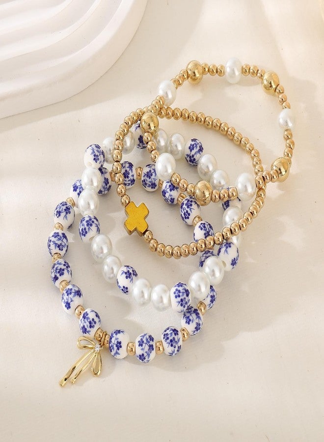 GLMOCM Gold Bow Bracelet for Women Beaded Bow Charm Bracelets Pearl Bow Stretch Bracelets Gold Bead Stackable Bracelet Fashion Jewelry for Women (4 Pieces Blue) - Image 5